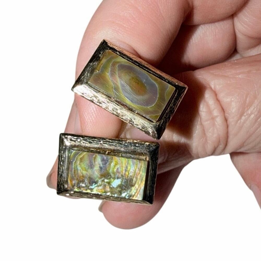 Vintage Abalone Shell Cufflinks Silver Tone Rectangle Mother of Pearl MCM classy